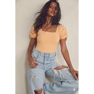 Intimately Free People Front Row Ribbed Bodysuit Pleated Puff Sleeve Peach Large